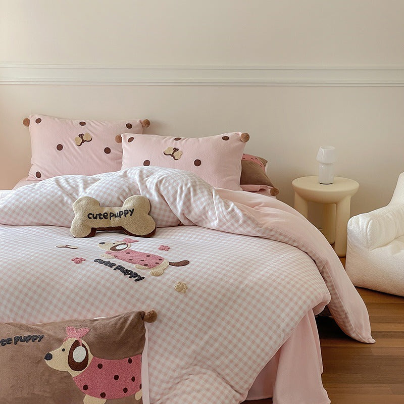Embroidered Gingham Puppy Duvet Cover Bedding Set with Plush Accent Pillows
