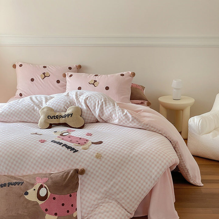 Embroidered Gingham Puppy Duvet Cover Bedding Set with Plush Accent Pillows