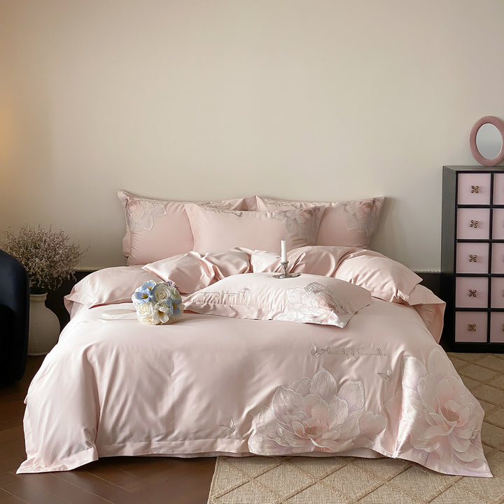 Satin-Feeling Besticktes Florales Bettbezug Set mit Kissenbezügen