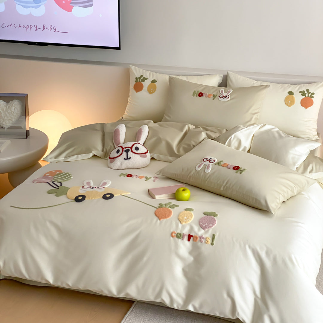 Kinder bestickte Baumwollsatin Bettbezug Set