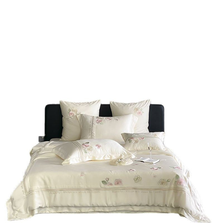 Seidenmischung Botanisch Bestickte Bettwäsche Set mit Satin Border & Dekorativen Kissenbezügen