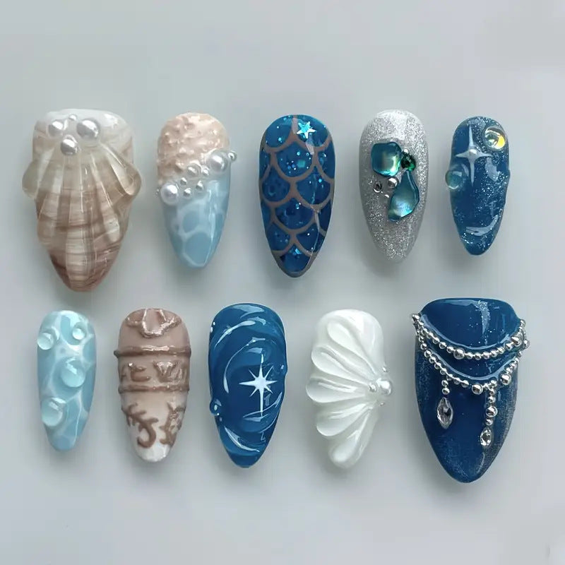 Künstlerische ozeanische Press-On-Nagelkunst Karnz