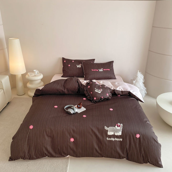 Besticktes Streifen Baumwoll-Satin Bettbezug-Set mit Applikation