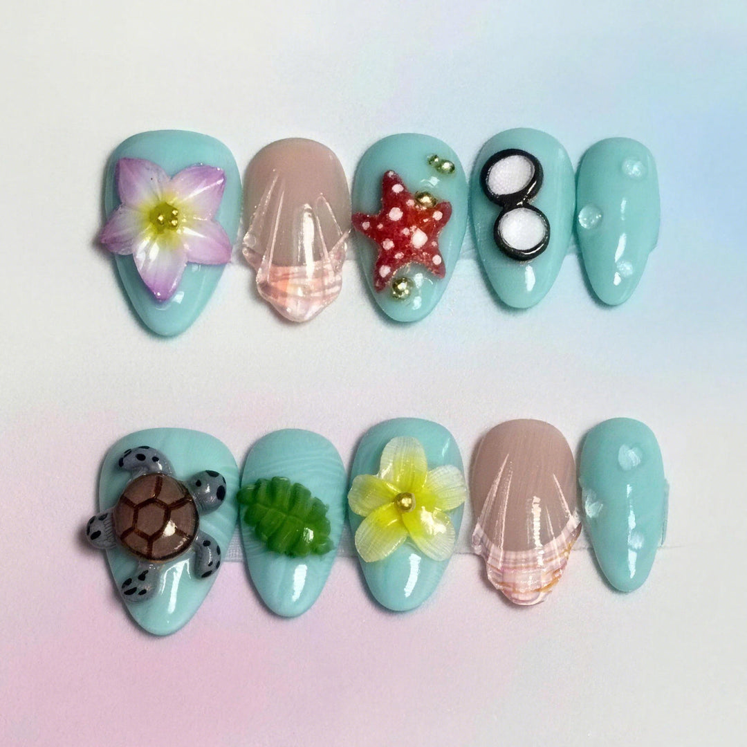 Künstlerisches, von Sommer inspiriertes Press-On Nagelkunst Set Karnz