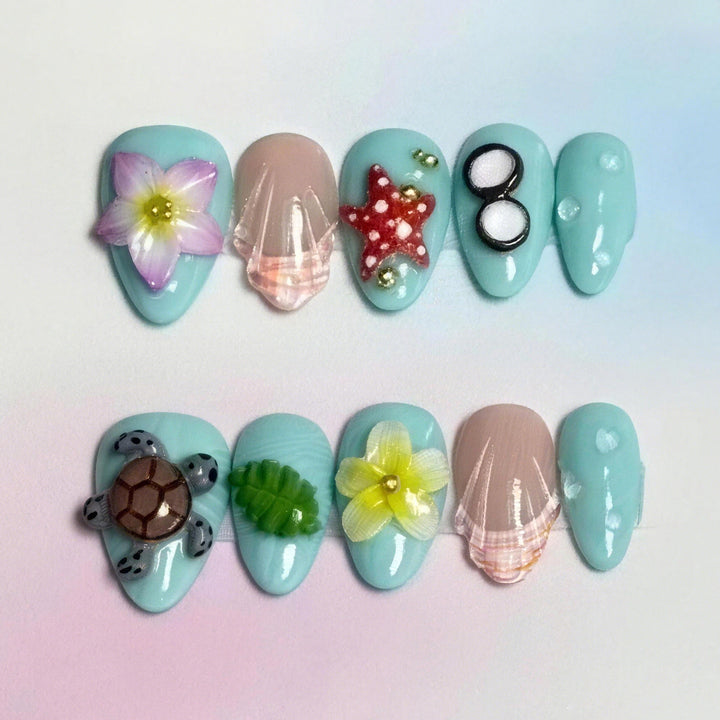 Künstlerisches, von Sommer inspiriertes Press-On Nagelkunst Set Karnz