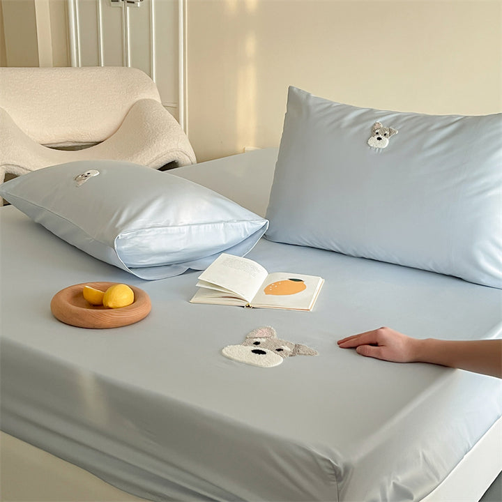 Besticktes Panda-Satin-Kissenbezug- und Spannbettlaken-Set