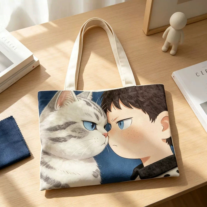 Illustrierte Katze und Junge Canvas Tragetasche