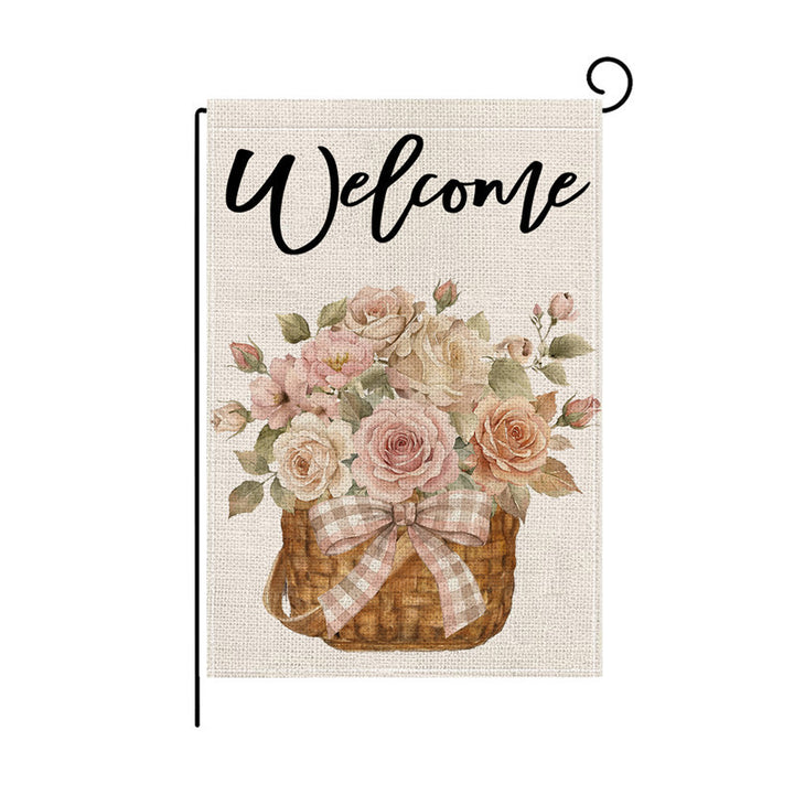 Dekorative Jute-Textur Willkommen Gartenflagge mit Blumenkorb-Illustration