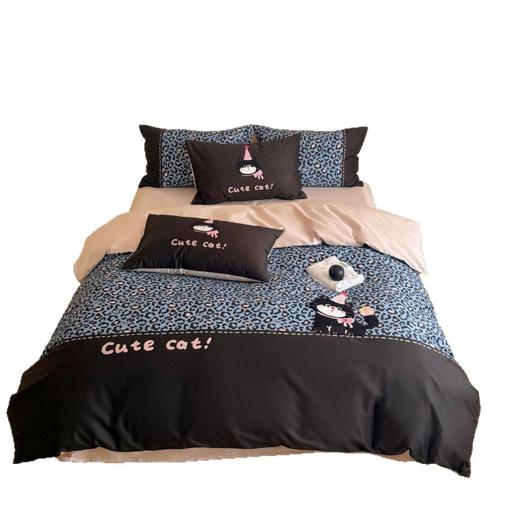 Bettwäsche-Garnitur mit niedlichem Katzen-Motiv, Leopardenprint und Baumwollsatin-Bezug