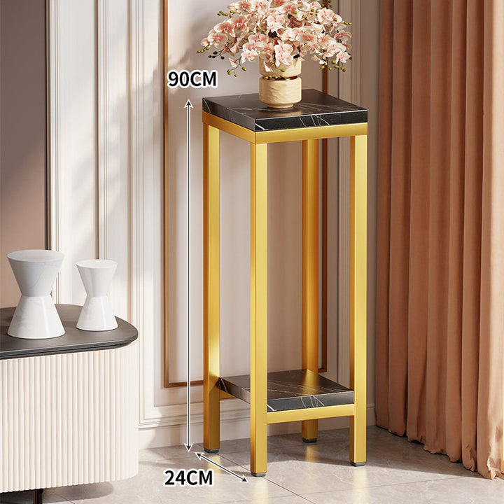 Schmaler hoher Pflanztisch Beistelltisch mit Marmoroberfläche, unterem Regal und goldenem Metallrahmen