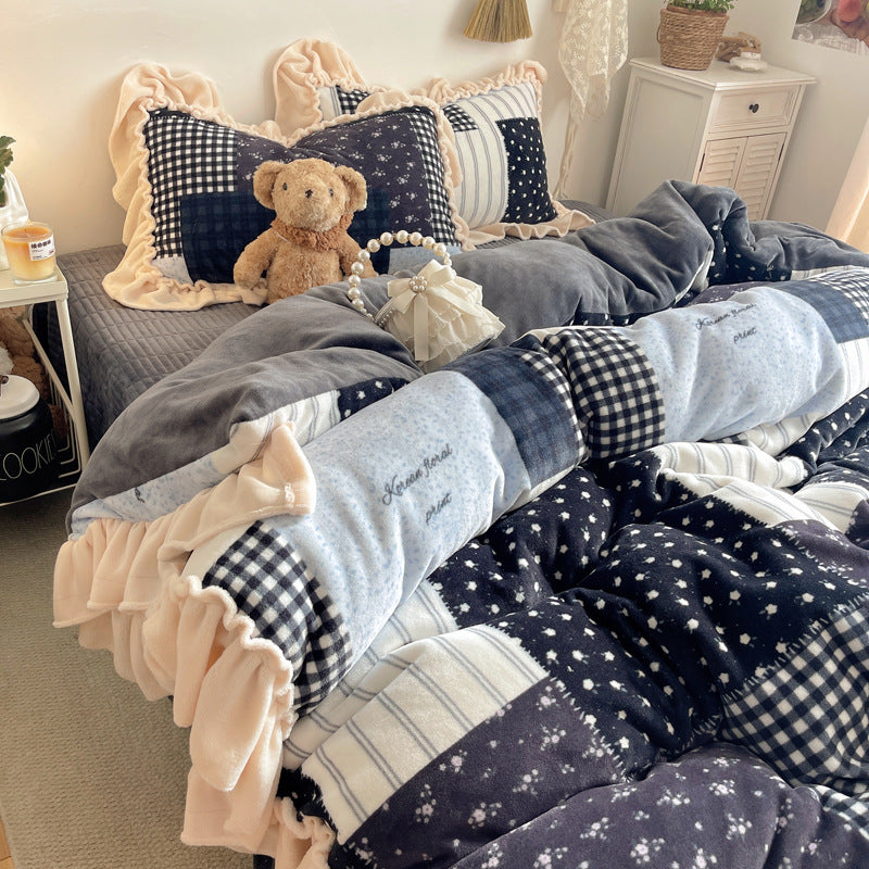 Rüsch-Plüsch Wendbare Bettwäsche Set mit Cartoon-Hase Druck und Flanell Kissenbezügen