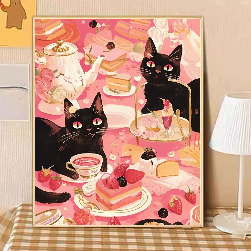Verspielte katzenmotivierte Nachmittags-Tee-Leinwandkunst Karnz