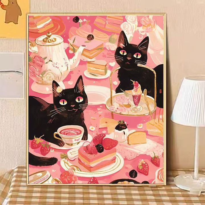 Verspielte katzenmotivierte Nachmittags-Tee-Leinwandkunst Karnz