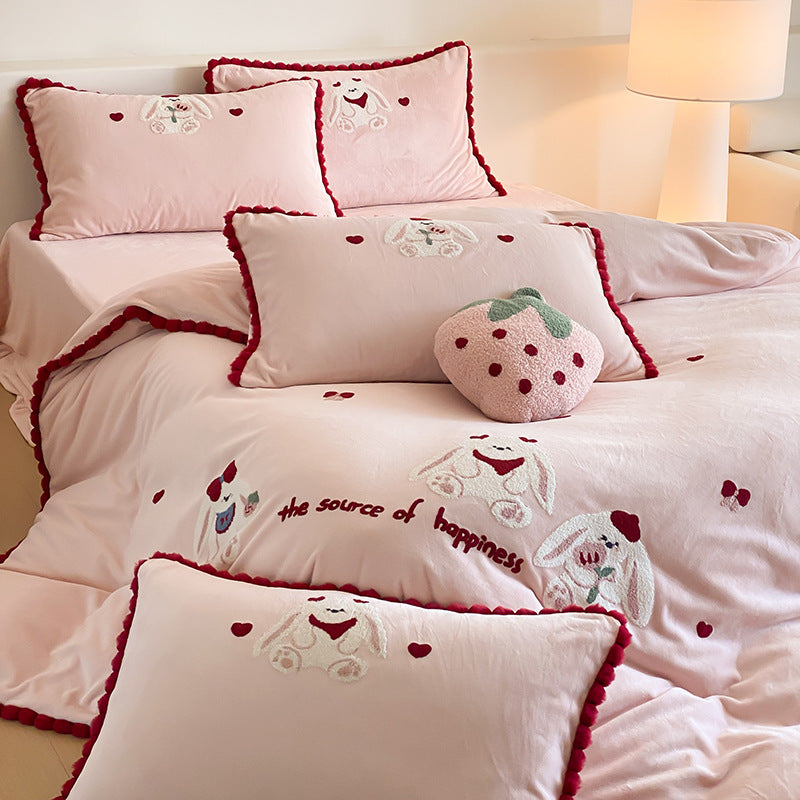 Plüschgestepptes Kaninchen Bettbezug-Set mit Pompon-Saum
