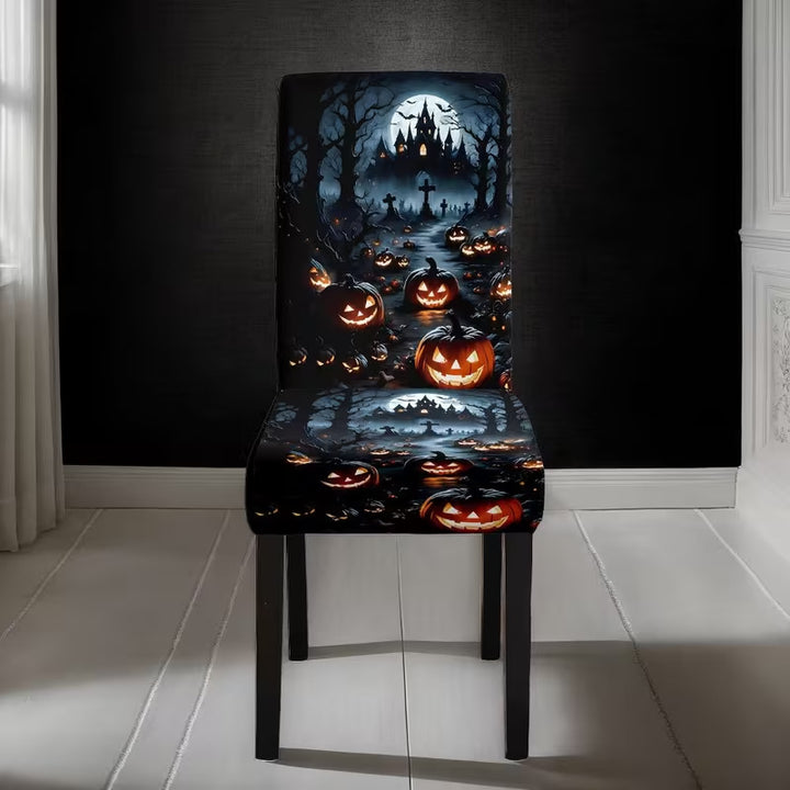 Elastische Stuhlhusse mit Halloween-Schloss und Hexenmotiv, dehnbarer Stuhlbezug für Rückenlehne und Sitz