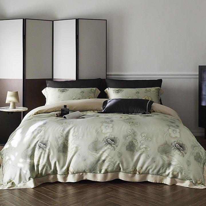 Premium-Baumwollsatin-Duvetbezug-Set mit Aquarellblumenmuster und seidig-mattem Griff