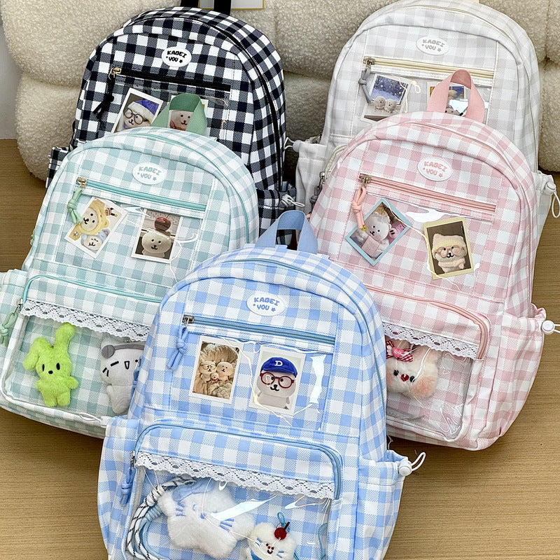 Transparente Fronttaschen Karomuster Rucksack Karnz