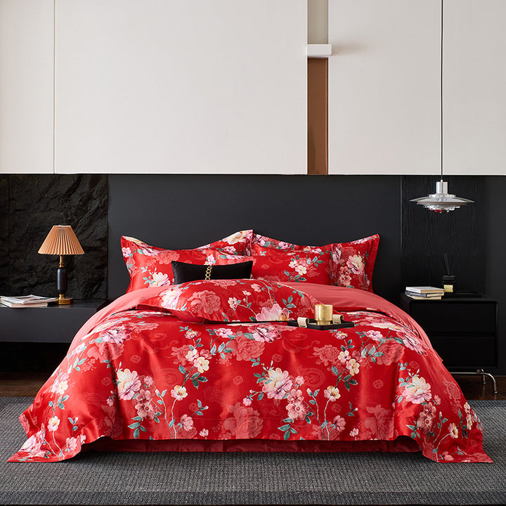 Florales Satin-Effekt Luxus Bettbezug und Kissenbezug Set