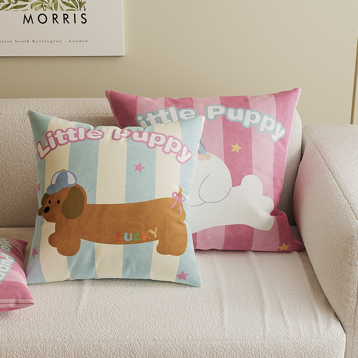 Square Decorative Throw Pillow Cover with Cute Cartoon Cat Illustration and Vertical Pink Stripe Linen-Blend