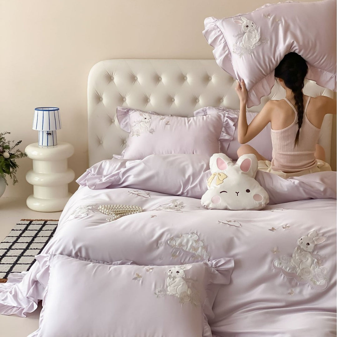 Satin Besticktes Rüsch-Bettwäsche-Set mit Dekorativen Kissenbezügen