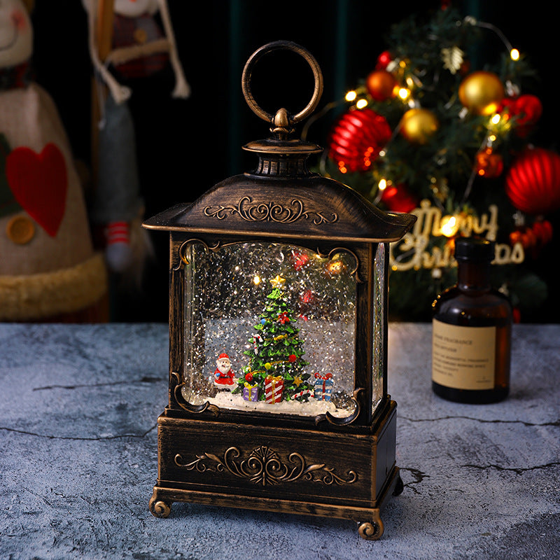 Glitzernde Weihnachtslaterne mit Schneeszenen Karnz