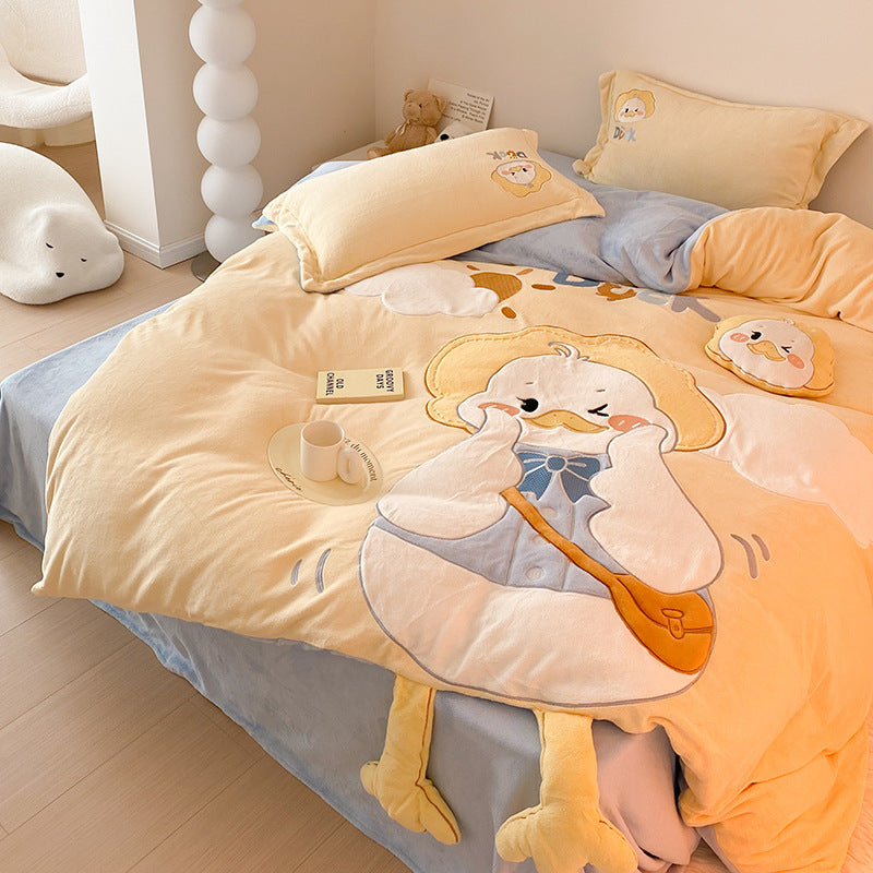 Plüsch Cartoon Ente Flanell Bettwäsche Set