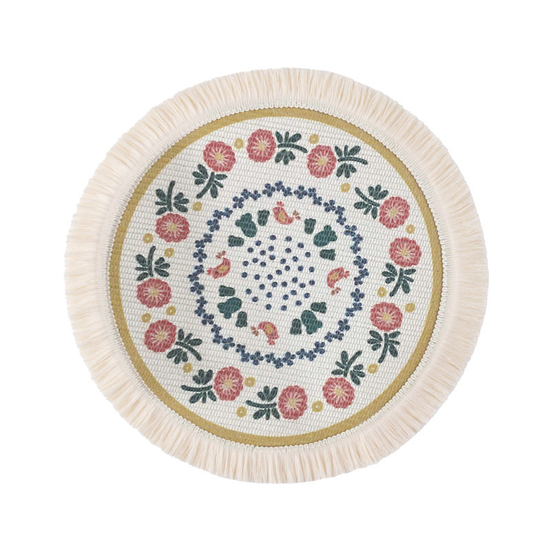 Runder flachgewebter Baumwoll-Teppich mit Mandala-Motiv und dekorativen Fransen Karnz