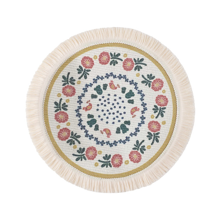 Runder flachgewebter Baumwoll-Teppich mit Mandala-Motiv und dekorativen Fransen Karnz