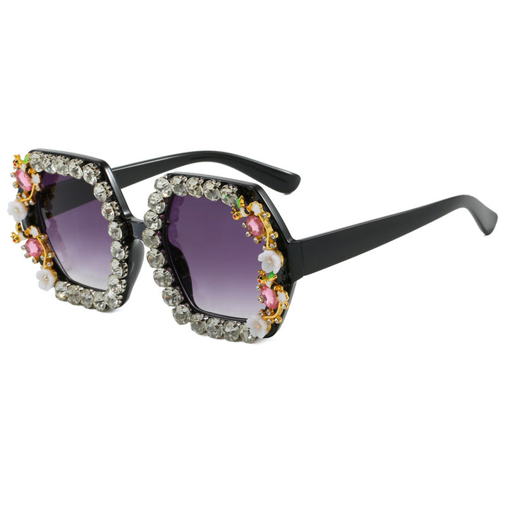 Damen extravagante Hexagon-Sonnenbrille mit Kristallverzierung Karnz
