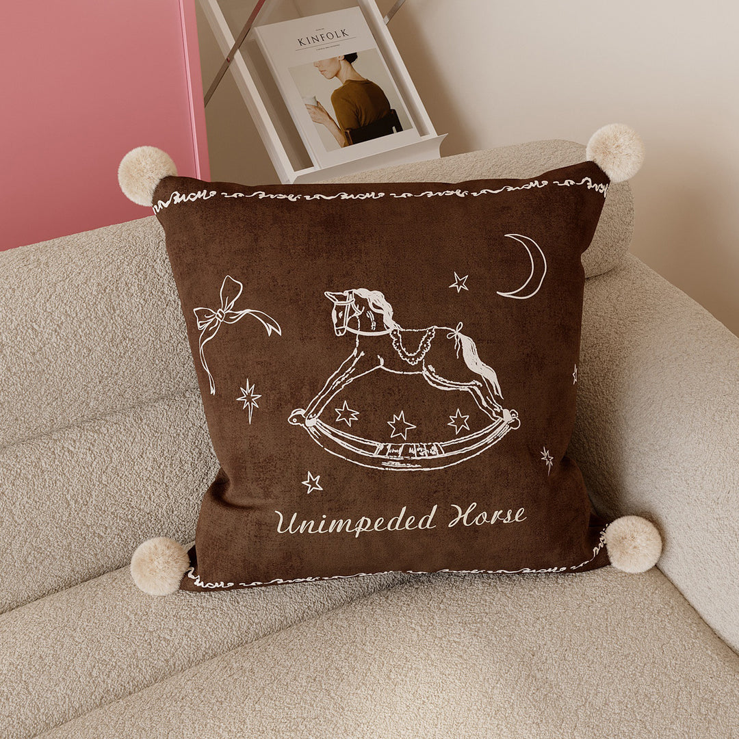 Velvet Pom-Pom Corner Decorative Throw Pillow Cover with Hand-Drawn Rocking Horse Motif