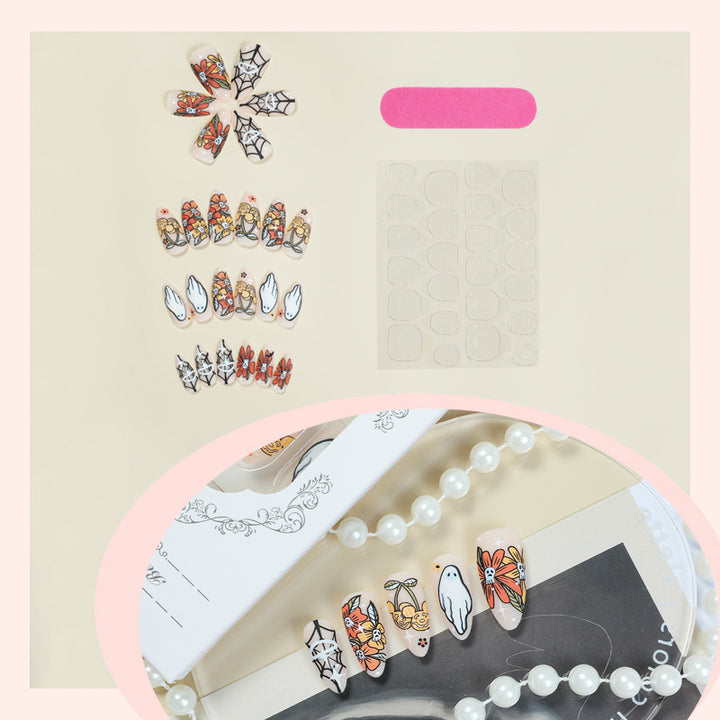 Künstlerisches Press-On-Nagelset mit saisonalen Blumen- und Geisterdesigns Karnz