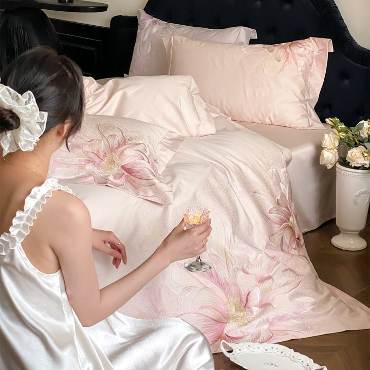 Ultra-Soft Seidengemütliches Floral Jacquard Bettbezug-Set mit gesticktem Blütenmotiv
