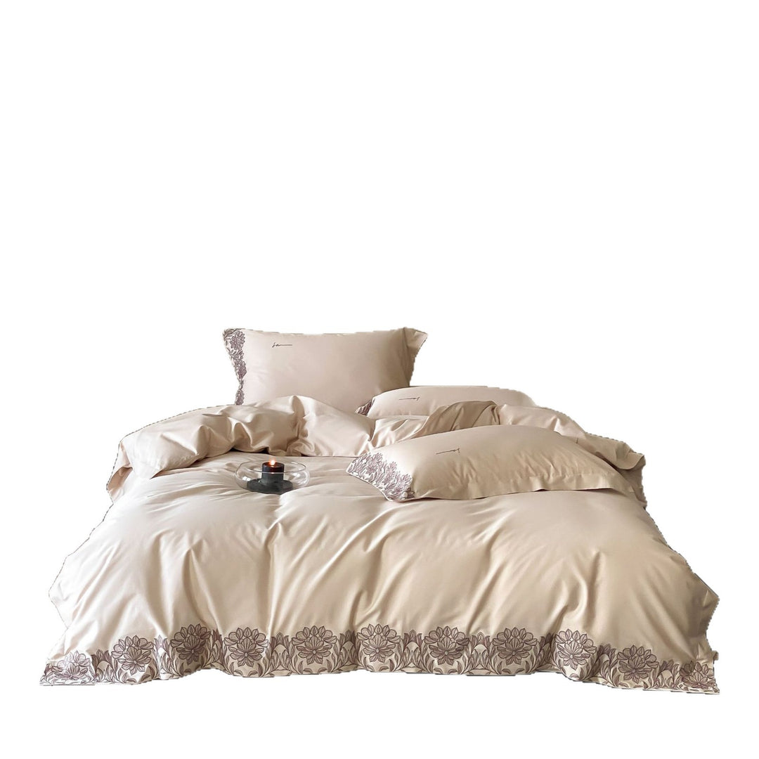 Baumwollsatin-Bettbezug-Set mit feiner Blumenbordüren-Stickerei und seidigem Griff