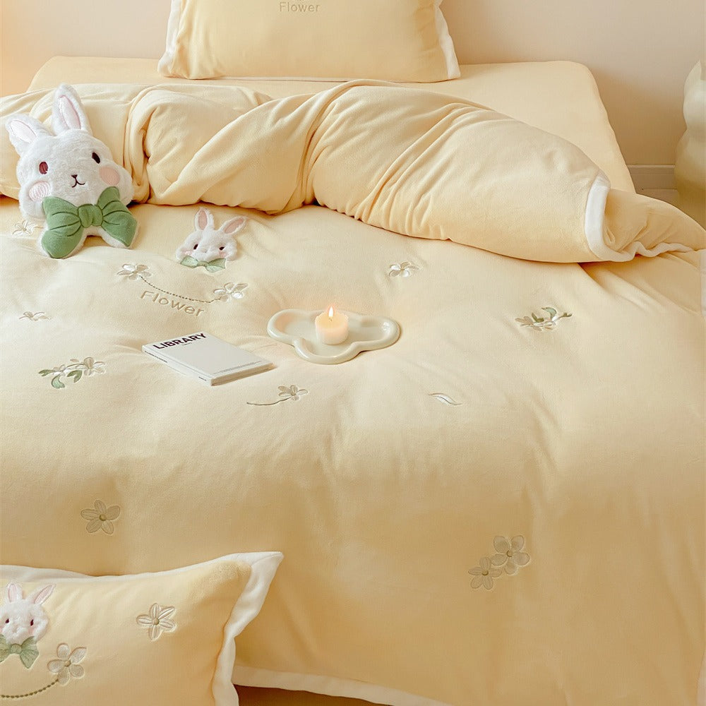Bestickte Blumen Kaninchen Bettbezug & Kissenbezug Bettwäsche Set