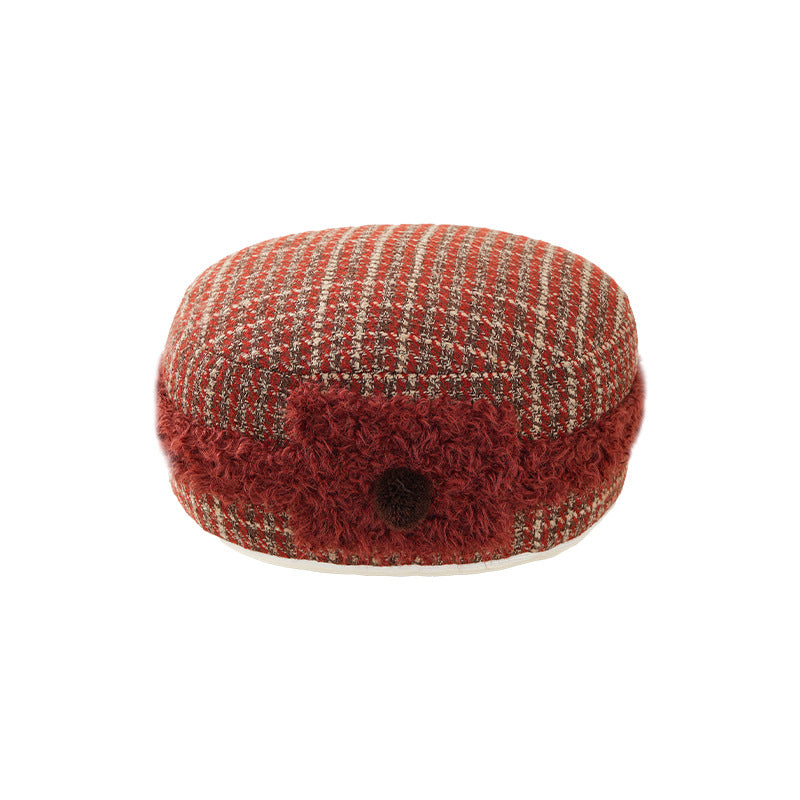 Strukturierte Tweed-Baskenmütze mit Teddy-Band und Pompon-Applikation Karnz