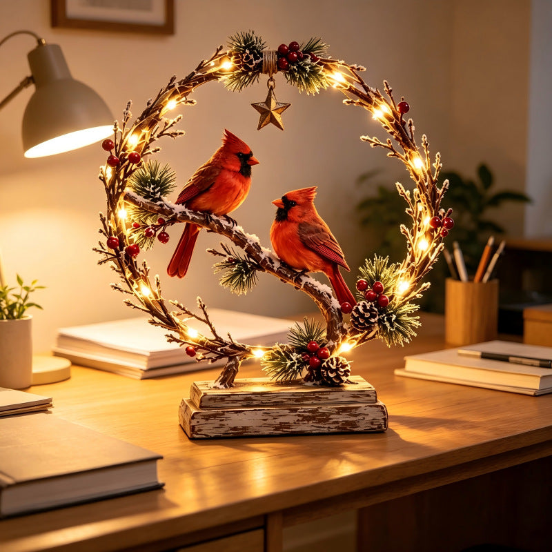 Dekorativer Weihnachtskranz mit Lichtern und Vögeln Karnz