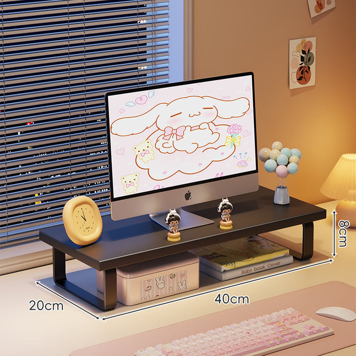 Kompakte Holz-Desktop-Monitorerhöhung mit Metallbeinen und unterer Ablagefläche