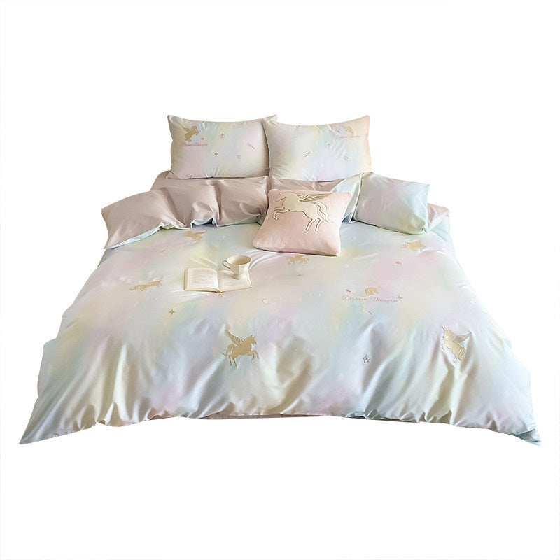Pastell Einhorn Baumwollsatin Bettwäsche Set mit besticktem Dekokissen