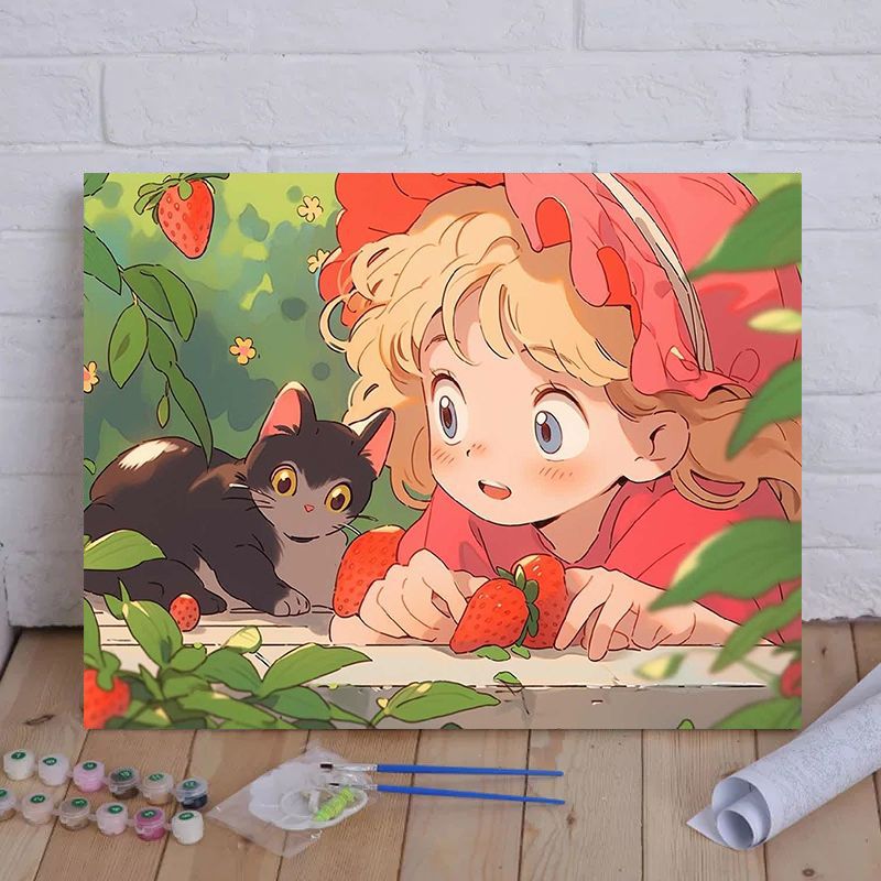 Cartoon Cat und Mädchen Themenleinwand Malset nach Zahlen Karnz
