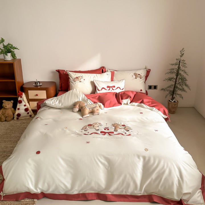 Satin-Bettwäsche-Set mit besticktem Schaukelpferd-Motiv