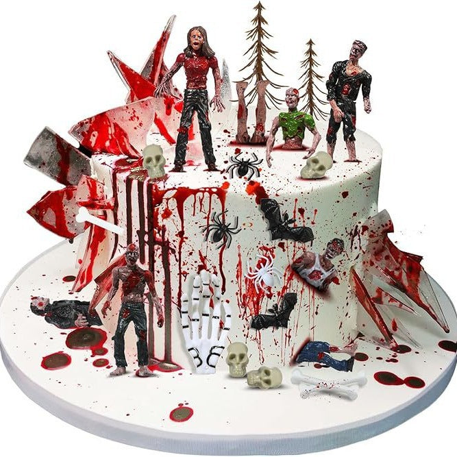 Gruseliges Halloween-Torten-Deko-Set mit Zombies, Schädeln und Acryl-Splittern