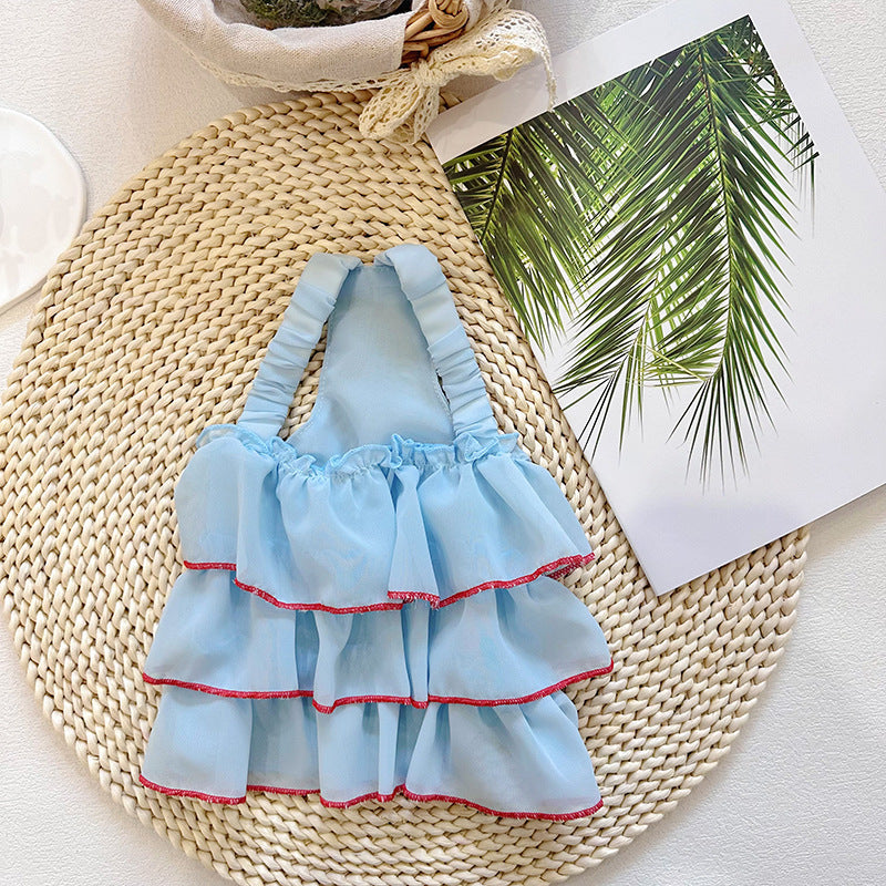 Schichtige Chiffon Rüschenträger-Hundekleid mit elastischem Rücken und Kontrastbesatz