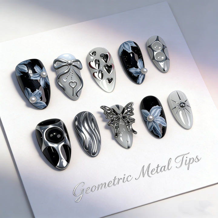 Dekoratives 3D-Blumen- und Metallic-Press-On-Nagelkunst-Set