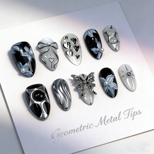 Dekoratives 3D-Blumen- und Metallic-Press-On-Nagelkunst-Set