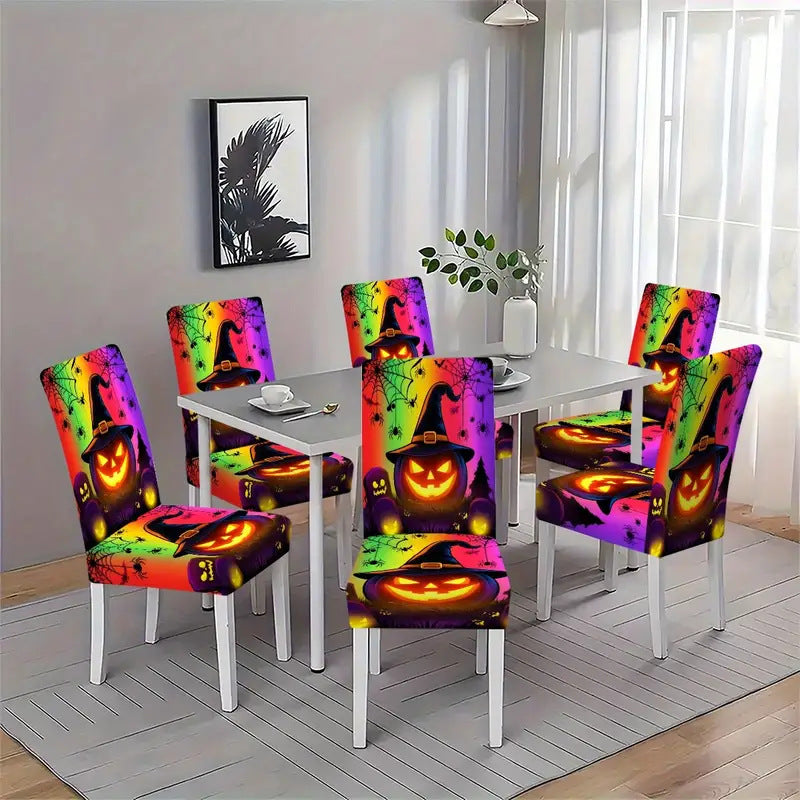 Elastische Stretch-Stuhlhusse für hohe Rückenlehnen mit detailreichem Halloween-Kürbis-Print