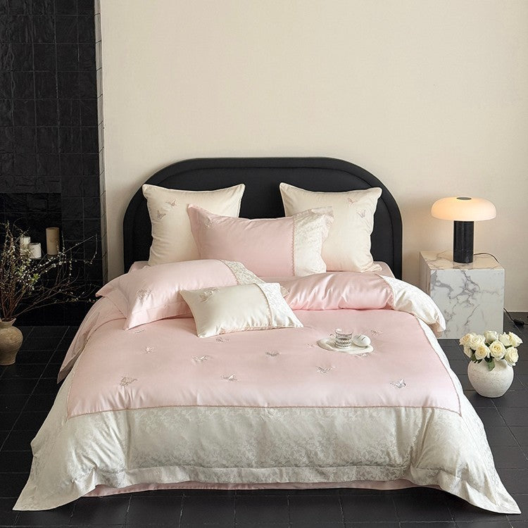 Luxe Seiden-Touch bestickte Schmetterlings-Bettwäsche-Set mit Jacquard-Rand
