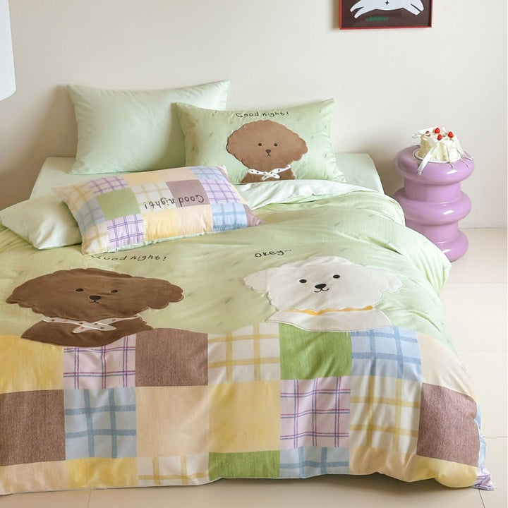 Kinder-Bettwäsche-Set mit Hundeapplikation, Patchwork‑Design und weichem Baumwollmix