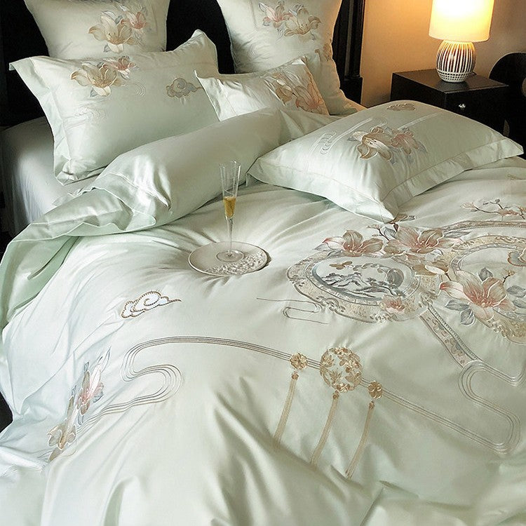 Bestickte florale & Liedvogel Luxus Baumwolle Bettbezug Set mit dekorativem runden Kissen