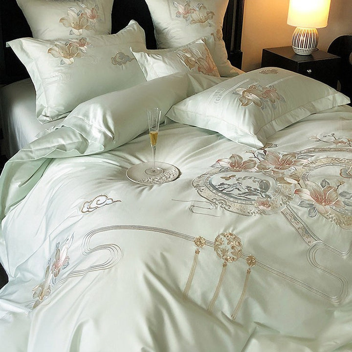 Bestickte florale & Liedvogel Luxus Baumwolle Bettbezug Set mit dekorativem runden Kissen