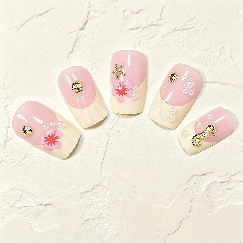 Tropische Muschel- und Blumen-Press-On-Nagelkunst Karnz